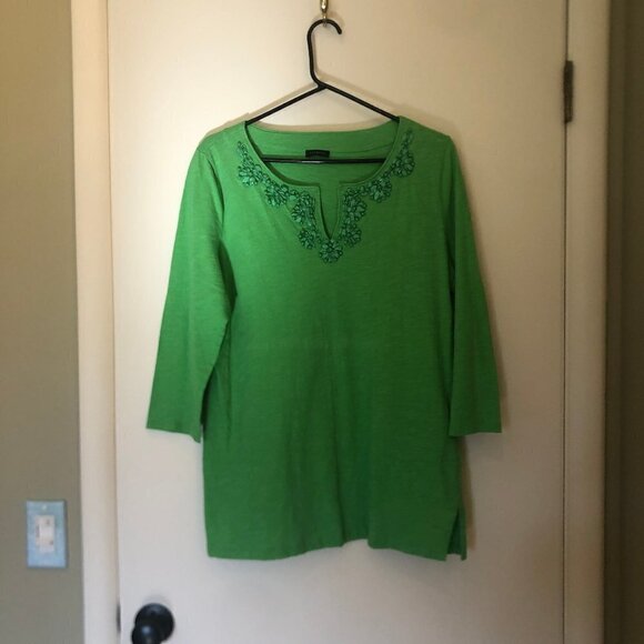Talbots 3/4-sleeve tunic with ribbon/bead detail at neck sz M - Picture 2 of 6